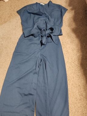 Women's Slate Blue Button-Front Jumpsuit with Tie Waist Size Med by Gardenwed